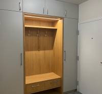 Built-in wardrobe with a hanger, wooden decor flooring in a 3-room apartment.