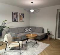 Living room with a sofa, table, plant, and wooden decor flooring in a 3-room apartment.