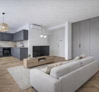 A kitchen in a studio apartment with a wood-patterned floor and gray cabinets.