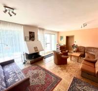 Living room with a fireplace and a leather sofa set in a family house.