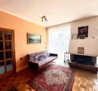 Living room in a family house with a fireplace, sofa, and wooden decor flooring.