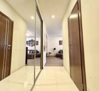 A hallway in a 2-room apartment with tiles, a mirror, and a view into the living room.