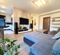 Living room in a two-room apartment with a comfortable sofa and a wooden decor floor.