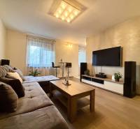 Living room in a two-room apartment with a sofa and a television, floor with wood decor.