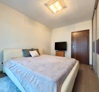 A bedroom in a 2-room apartment with a comfortable bed, a television, and a wooden decor floor.