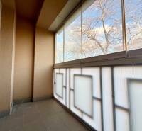 A glazed balcony with a view of trees, part of a 2-room apartment.