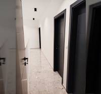 A hallway in a family house with tiles and dark doors.