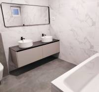 A bathroom in a family house with oval sinks, a mirror, and a bathtub.