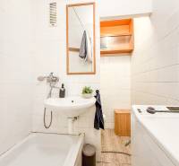 Bathroom with a shower, sink, washing machine, and floor with a wooden decor in a studio apartment.