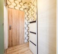 Studio apartment with wood-patterned flooring and stylish wallpaper, storage space.