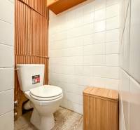 A bathroom in a studio apartment with a toilet, white tiles, wooden decor, and storage shelves.