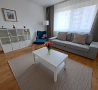Living room in a 3-room apartment with a sofa, an armchair, and a floor with a wooden decor.