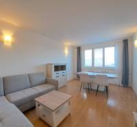 Living room in a 4-room apartment with a wooden decor floor and a gray sofa.
