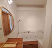 A bathroom with a mirror and a bathtub in a 4-room apartment; use of wooden decor.