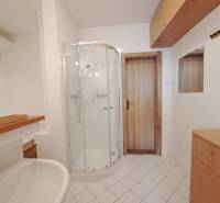A bathroom in a 4-room apartment with white tiles, a shower corner, and wooden elements.