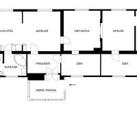 Floor plan of a family house: kitchen, dining room, living room, bedroom, bathroom, winter terrace.
