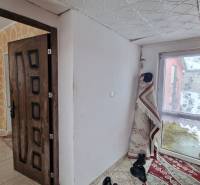 Entrance hall with carpet and wood paneling in a family house.