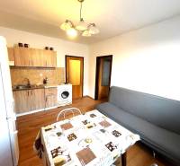 A kitchen with a sofa in a studio apartment, wooden decor flooring, dining table.