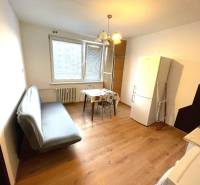 A room in a one-bedroom apartment with a wooden decor floor, a sofa, and a kitchenette.