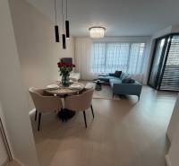 Interior of a 2-room apartment with wooden decor flooring, a dining table, and a balcony.