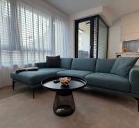 Living room with a sofa, table, and kitchenette in a two-room apartment.