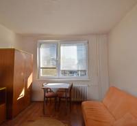 Studio apartment with a sofa, table, and wardrobe, floor with wooden decor.