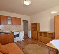 Compact studio apartment with a kitchenette, stove, and wood-patterned flooring.