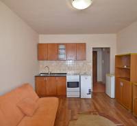 Studio apartment with a kitchenette, sofa, and furniture on a floor with a wooden decor.
