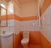 A bathroom with a sink and toilet in a studio apartment, orange and white tiles.