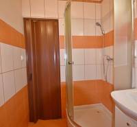 A bathroom in a studio apartment with tiles and a shower corner, in orange and white design.