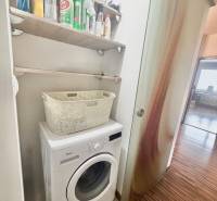 Washing machine and cleaning products in a 4-room apartment with a wooden decor floor.