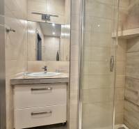 Bathroom in a 4-room apartment with a sink, glass shower enclosure, and floor with wood decor.