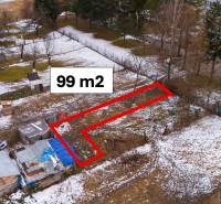 Gardens in Nálepkovo, fenced plot 99 m², snowy terrain, trees, buildings.