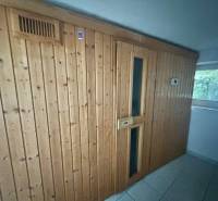 Wooden wall with sauna and tiles in a family house.