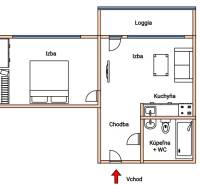 Layout of a two-room apartment with an entrance, two rooms, a kitchen, a bathroom, and a loggia.