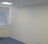 Offices with white walls and ceiling lights, containing a radiator and a large window.