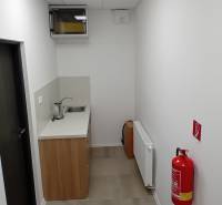 A small kitchenette in the offices with a sink, fire hydrant, and radiator.
