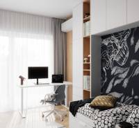 Children's room in a 4-room apartment with a work corner and a floor with a wooden decor.