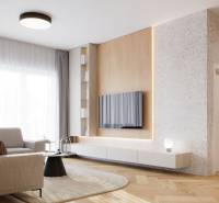 Living room in a 4-room apartment with a wooden decor floor, a light-colored sofa, and a TV on the wall.