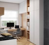 A workspace with white furniture in a 4-room apartment with a wood-patterned floor.