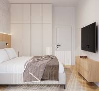 Bedroom in a 4-room apartment with wood-patterned flooring and a built-in wardrobe.