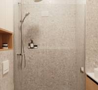 Bathroom of a 4-room apartment with a modern shower and storage spaces.