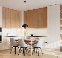 A kitchen in a 4-room apartment with a wooden decor and a stylish dining table.