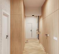 A hallway with cabinets and a wooden decor floor in a 4-room apartment.