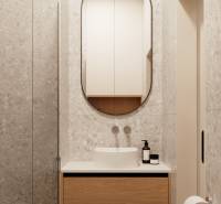A bathroom in a 4-room apartment with an oval mirror and wooden cabinets.