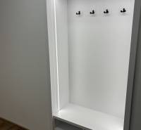 Built-in hallway wardrobe in a 3-room apartment with hooks and a floor with a wood decor.