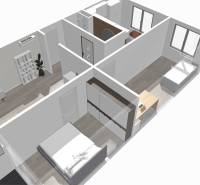 Visualization of a 3-room apartment with wood-patterned flooring and minimalist furnishings.