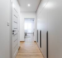 Hallway with wardrobes in a 2-room apartment, floor with wood decor.