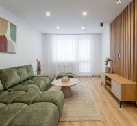 Living room in a two-room apartment with a comfortable green sofa and a wooden-patterned floor.