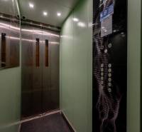 The interior of an elevator with green walls, a mirror, and lighting.